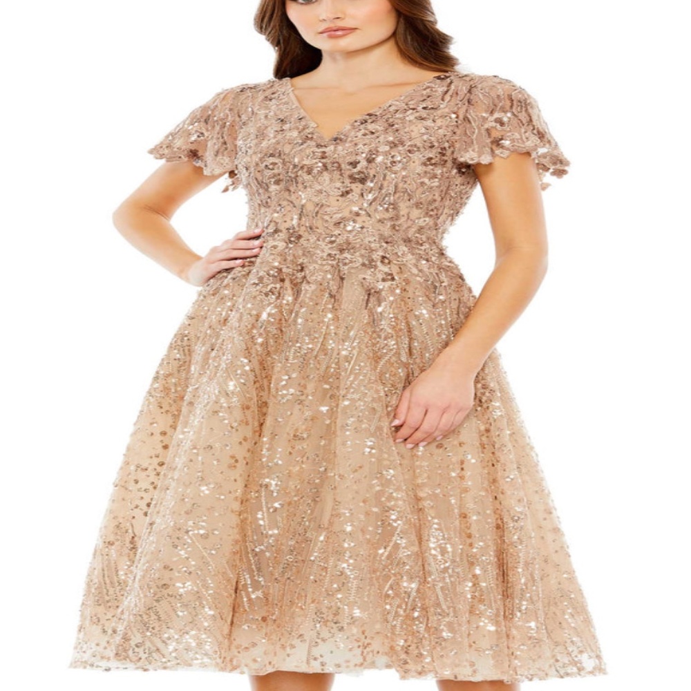 BRAND NEW MAC DUGGAL EMBELLISHED BUTTERFLY FIT AND FLARE TEA-LENGTH DRESS